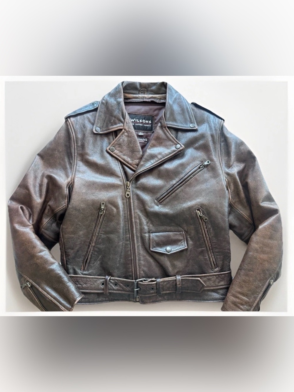 Vintage 90s Wilsons Leather Distressed Brown Side Zip Moto Biker Lined Jacket M